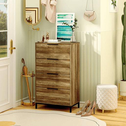 HOMCOM Cómoda de 4 Gavetas Cómoda para Dormitório Alta com Puxadores Metálicos Cómoda Estreita para Sala de Estar Corredor 62x35x105 cm Castanho Rústico