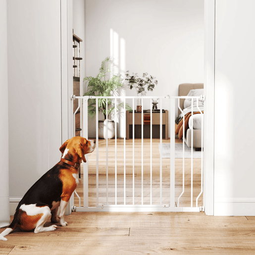 PawHut Barreira de Segurança para Cães Extensível para Escadas e Portas 75-95cm com Extensão de 10 cm Montagem a Pressão Aço Altura 76 cm Branco PawHut Barreira de Segurança para Cães Extensível para Escadas e Portas 75-95cm com Extensão de 10 cm Montagem a Pressão Aço Altura 76 cm Branco