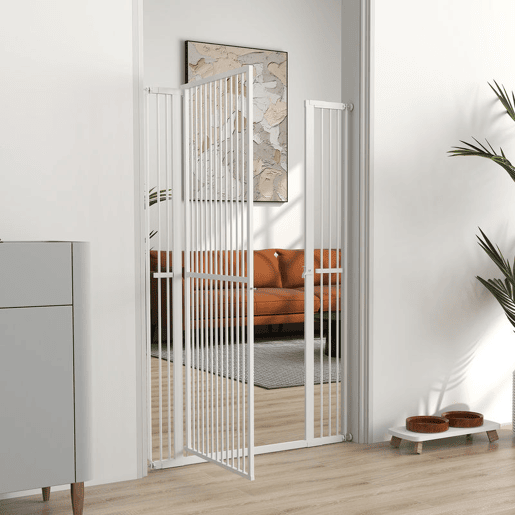 PawHut Barreira para Cães Extra Alta Barreira para Cães com Largura Ajustável 77-104 cm Barreira de Segurança para Cães e Gatos com 2 Extensões e Porta para Escadas e Corredores Branco