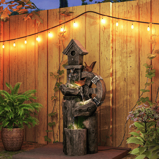 Outsunny Fonte de Jardim 2 em 1 com Casa para Pássaros Fonte de Água de Exterior com Luzes LED Bomba Fonte Decorativa com Troncos de Árvore Multicor