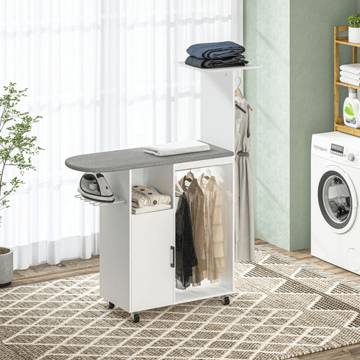 HOMCOM Móvel de Engomar Roupa com Rodas e Suporte Lateral Móvel de Passagem com Tábua de Passar Barra para Roupa Prateleira Ajustável 127,5x43,5x153 cm Branco