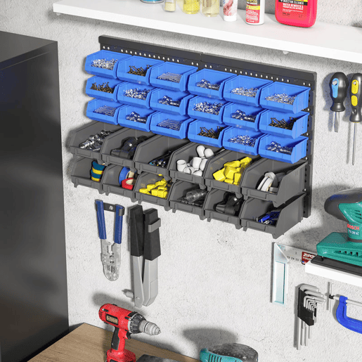 DURHAND Organizador de Ferragens para Parede Armário Organizador de Ferragens com 30 Caixas de 2 Tamanhos Diferentes 63x18x37,5 cm Azul e Cinza