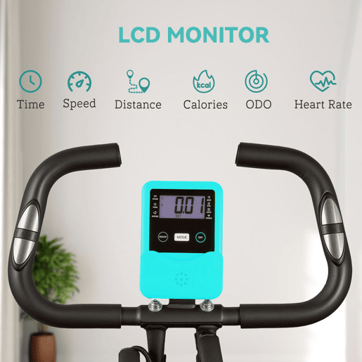 SPORTNOW Bicicleta Estática Dobrável com Resistência Magnética de 8 Níveis Bicicleta Estática Dobrável com Encosto Volante Ecrã LCD e Banda de Resistência Carga 110 kg 43x97x109 cm Verde