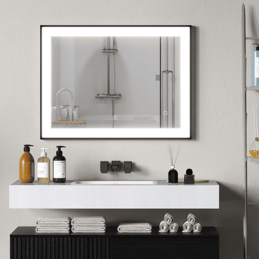 HOMCOM Espelho Casa de Banho com Luz LED 80x60 cm Espelho de Parede com Iluminação Ajustável Função Anti-Embaciamento Função Memória e Estrutura de Liga de Alumínio Preto