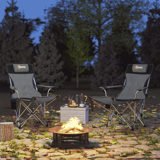 Outsunny Conjunto de 2 Cadeiras Dobráveis Campismo Portáteis com Apoio para os Pés Desmontável Apoio para a Cabeça Porta-Copos e Bolsa Lateral Carga 120 kg para Jardim Praia Pesca 50-100x82x88 cm Cinza e Preto
