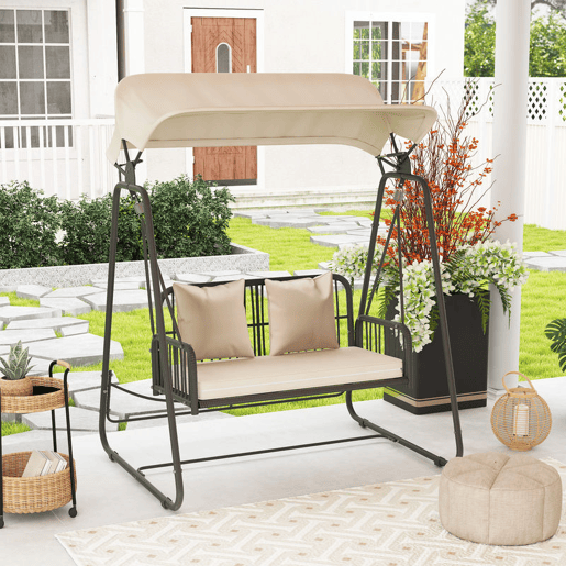 Outsunny Baloiço de Jardim de 2 Lugares Baloiço Exterior com Toldo Retrátil Almofadas e Estrutura de Aço com Vime PE Anti-UV para Varanda Terraço Pátio Carga 240 kg 149x121x180 cm Caqui