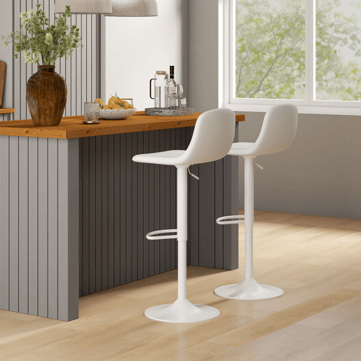 HOMCOM Conjunto de 2 Bancos de Bar Bancos Altos de Cozinha Reguláveis em Altura 84-104 cm com Encosto e Apoio para os Pés Estofadas em PU Giratórias em 360° para Sala de Jantar Varanda Branco