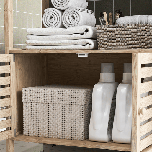 HOMCOM Estante para Casa de Banho de Bambu com 3 Prateleiras Abertas Estante de Arrumação Casa de Banho com Portas Ripadas 63x30x138 cm Madeira e Branco