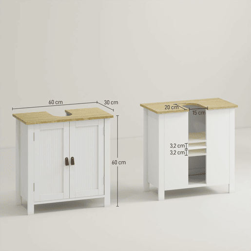 kleankin Móvel para Lavatório Pousar Móvel para Lavatório em Pé com 2 Portas 2 Puxadores e Prateleira Ajustável sem Lavatório 60x30x60 cm Branco