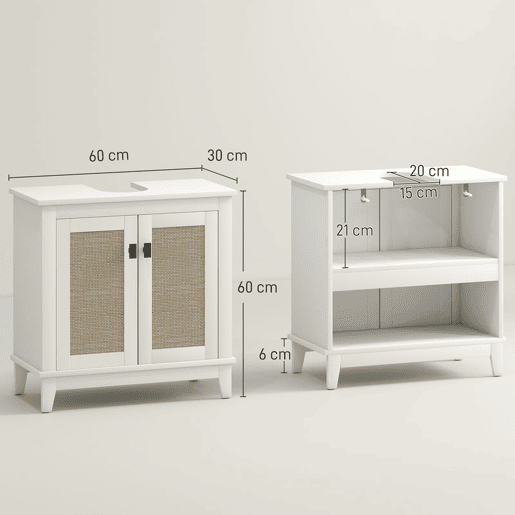 HOMCOM Móvel para Lavatório Pousar Armário Casa de Banho com 2 Portas de Vime PE 2 Prateleiras e Sistema Anti-Tombo para Casa de Banho 60x30x30 cm Branco