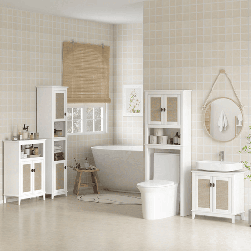 HOMCOM Móvel para Lavatório Pousar Armário Casa de Banho com 2 Portas de Vime PE 2 Prateleiras e Sistema Anti-Tombo para Casa de Banho 60x30x30 cm Branco