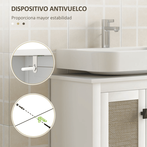 HOMCOM Móvel para Lavatório Pousar Armário Casa de Banho com 2 Portas de Vime PE 2 Prateleiras e Sistema Anti-Tombo para Casa de Banho 60x30x30 cm Branco