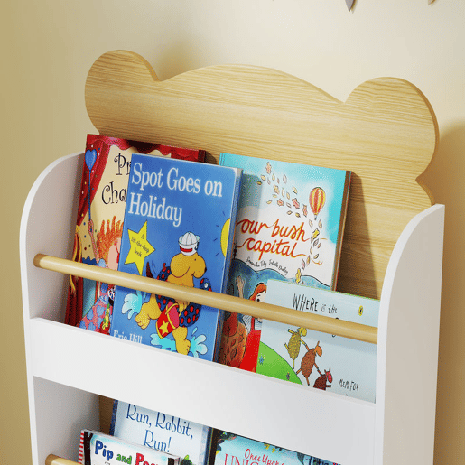 AIYAPLAY Estante Infantil de 3 Níveis Estante para Livros Infantil Desenho de Ursinho para Sala de Jogos Dormitório Escola Infantil 55x15x110 cm Branco e Madeira