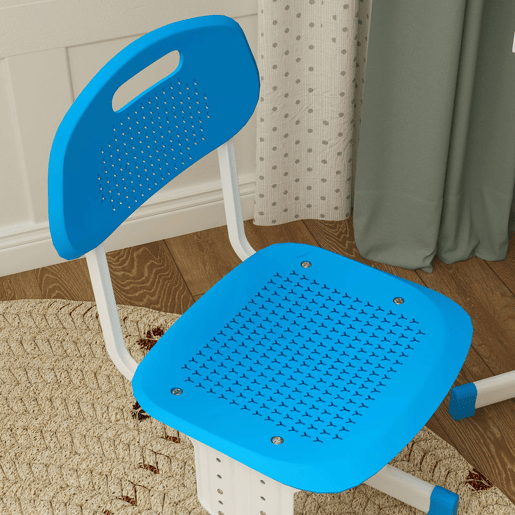 HOMCOM Conjunto de Secretária e Cadeira para Crianças de 6-12 Anos Secretária Infantil com Altura Ajustável 1 Gaveta 1 Suporte para Lápis e 1 Prateleira para Livros 60x45x90-120 cm Azul
