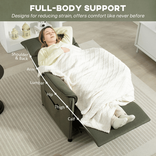 HOMCOM Poltrona Relax Reclinável Elétrica Poltrona Reclinável Silenciosa com Função Memória Apoio para Pés Controlo Remoto e Bolsos Laterais para Dormitório Sala de Estar 80x83x104 cm Verde Escuro