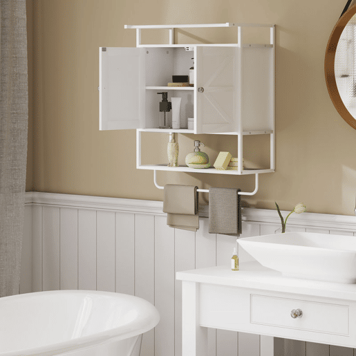 HOMCOM Armário de Parede para Casa de Banho Multiusos Móvel Suspenso de Armazenamento com 2 Portas Prateleira e Barra para Toalhas 63x34x75 cm Branco