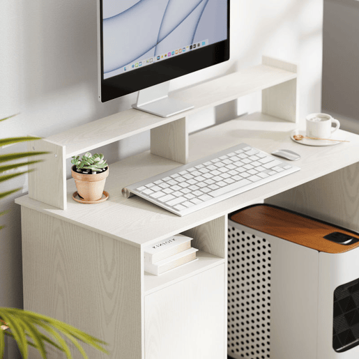 HOMCOM Secretária Moderna com Prateleiras Secretária com Compartimentos Abertos e Suporte para Monitor Mesa de Estudo para Dormitório Escritório 108x50x94 cm Creme