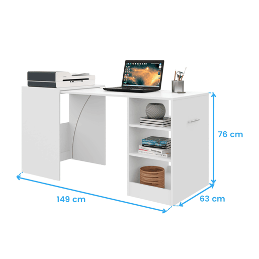 Mesa de escritório Ashe em branco fosco com 3 prateleiras retráteis em melamina 149x76x63 cm Mesa de escritório Ashe em branco fosco com 3 prateleiras retráteis em melamina 149x76x63 cm
