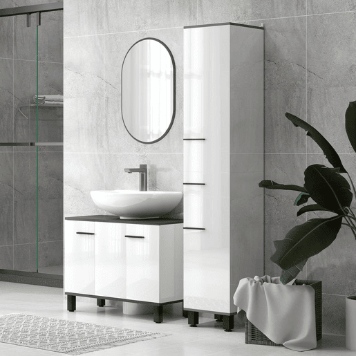 HOMCOM Móvel para Lavatório Pousar Móvel para Lavatório Pedestral Móvel Casa de Banho com 2 Portas e Prateleira Ajustável para Lavatório com ou sem Pedestral 80x34x60 cm Branco Brilhante