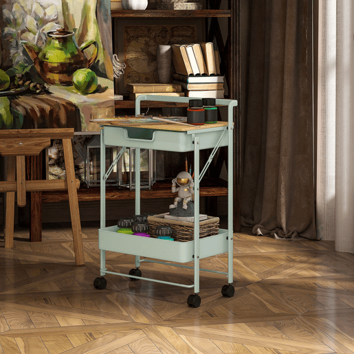 HOMCOM Carrinho Auxiliar com Rodas de 2 Níveis Carrinho de Cozinha com 1 Gaveta e 1 Cesto Carrinho Organizador para Dormitorio Sala Escritório 45x29,5x68 cm Verde Claro