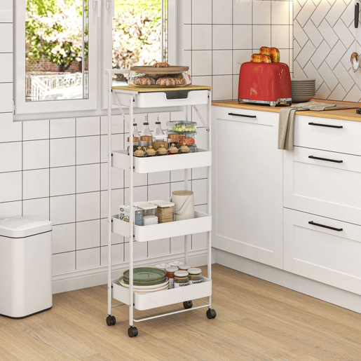 HOMCOM Carrinho Auxiliar com Rodas de 4 Níveis Carrinho de Cozinha com 1 Gaveta e 3 Cestos Carrinho Organizador para Dormitorio Sala Escritório 45x29,5x117,5 cm Branco