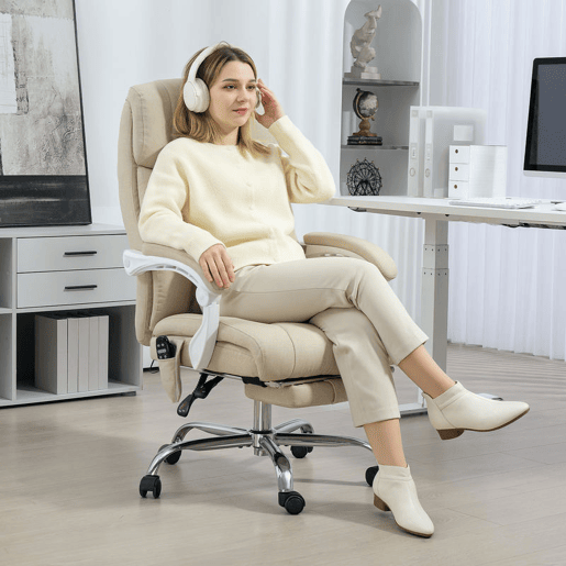 HOMCOM Cadeira de Escritório com Massagem Reclinável Cadeira Giratória com Altura Ajustável Função de Aquecimento Apoio para Pés Encosto Alto e Controlo Remoto para Estudo 66x70x112-120 cm Bege