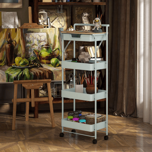 HOMCOM Carrinho Auxiliar com Rodas de 4 Níveis Carrinho de Cozinha com 1 Gaveta e 3 Cestos Carrinho Organizador para Dormitorio Sala Escritório 45x29,5x117,5 cm Verde