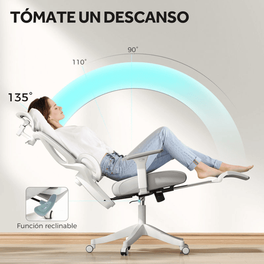 HOMCOM Cadeira de Escritório de Malha Reclinável com Apoio para a Cabeça Ajustável Suporte Lombar Apoio para os Pés Apoios para os Braços e Altura Regulável Suporta até 135 kg 71x70x109-119 cm Cinza