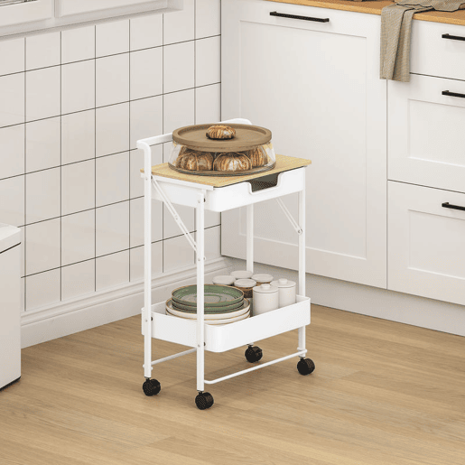 HOMCOM Carrinho Auxiliar com Rodas de 2 Níveis Carrinho de Cozinha com 1 Gaveta e 1 Cesto Carrinho Organizador para Dormitorio Sala Escritório 45x29,5x68 cm Branco