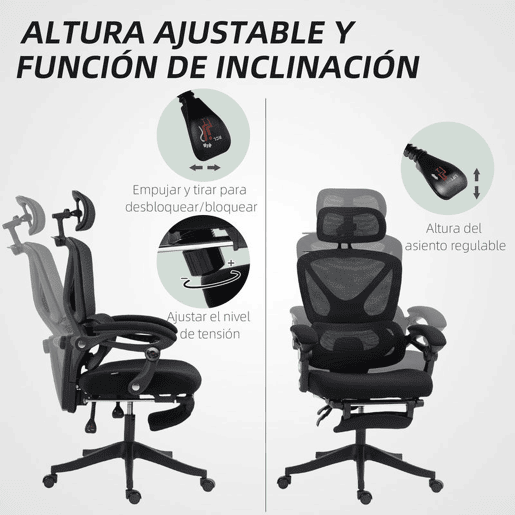 HOMCOM Cadeira de Escritório de Malha Cadeira de Secretária Reclinável com Apoio para a Cabeça Suporte Lombar Apoio para os Pés e Altura Regulável Função de Inclinação Suporta até 135 kg 71x70x109-119 cm Preto