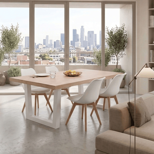 Conjunto de mesa fixa Bristo + 4 cadeiras em carvalho nórdico e branco
