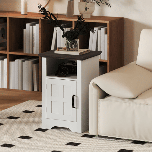 HOMCOM Conjunto de 2 Mesas Auxiliares para Sala Mesas de Cabeceira com Porta Estilo Celeiro e Prateleira Aberta Mesas de Centro Pequenas Rústicas para Dormitório 40x35x60 cm Branco