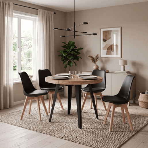Conjunto de mesa redonda extensível com 4 cadeiras estilo industrial em carvalho nórdico e preto Conjunto de mesa redonda extensível com 4 cadeiras estilo industrial em carvalho nórdico e preto