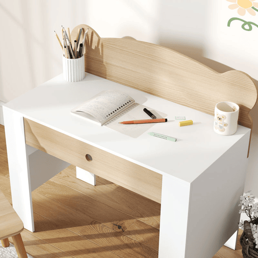 AIYAPLAY Secretária para Crianças com Cadeira em Forma de Ursinho Secretária Infantil com Gaveta para Estudar Ler e Desenhar Mesa para Crianças para Dormitório Branco e Madeira