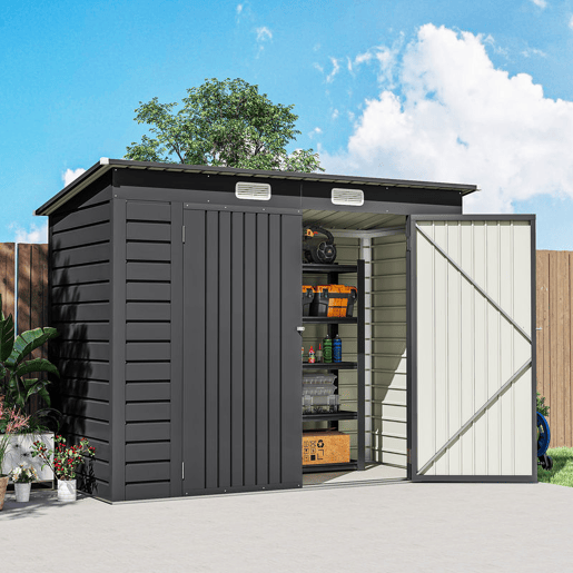 Outsunny Abrigo de Jardim 2,7m² 249x121x183 cm Abrigo de Exterior com Porta Dupla 2 Ventilaç4oes e Trava Abrigo para Pátio Cinza