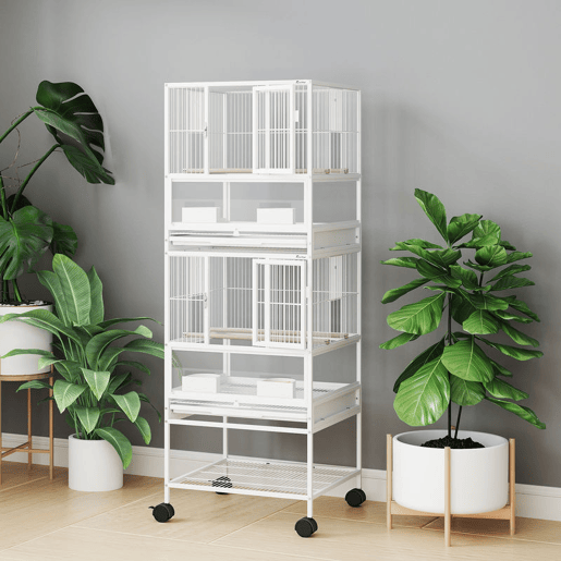 PawHut Gaiola para Pássaros Gaiola Grande de 2 Níveis com Rodas Painéis Acrílicos Comedouros Poleiros Prateleira Bandejas Amovíveis Gaiola para Papagaios Canários 48x46x134,5 cm Branco
