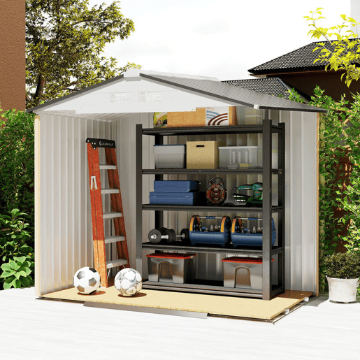 Outsunny Abrigo de Jardim 213x130x185cm Abrigo de Jardim Metálico de Exterior para Armazenamento de Ferramentas com 2 Portas Deslizantes e 4 Janelas para Terraço Branco e Cinza