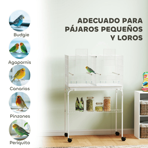 PawHut Gaiola para Pássaros com Divisória Gaiola com Rodas para Aves Papagaios Canários Gaiola para Aves com Comedouros Poleiros e Bandeja Removível, 76x46x116 cm Branco