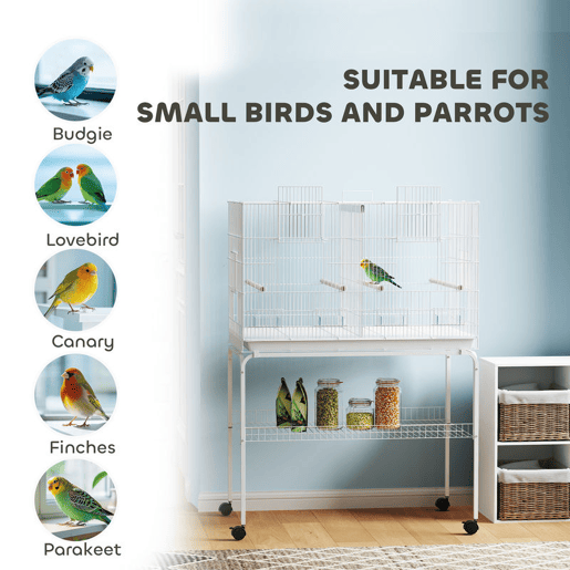 PawHut Gaiola para Pássaros com Divisória Gaiola com Rodas para Aves Papagaios Canários Gaiola para Aves com Comedouros Poleiros e Bandeja Removível, 94x57x128 cm Branco