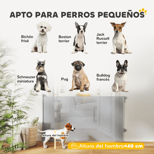 PawHut Barreira para Cães Retráctil 0-140 cm Porta para Cães Pequenos Extensível Barreira de Segurança para Animais de Estimação com Botão de Fecho para Escadas Portas e Corredores 146x9x86,5 cm Cinza