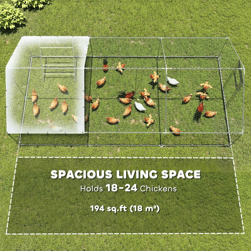 PawHut Galinheiro para Exterior 18 m² 3x6x1,95 m para 18-24 Galinhas Galinheiro em Aço Galvanizado com Poleiro, Comedouro Suspenso Tipo Espeto, Fecho, Cobertura Anti-UV Impermeável para Coelhos, Prata