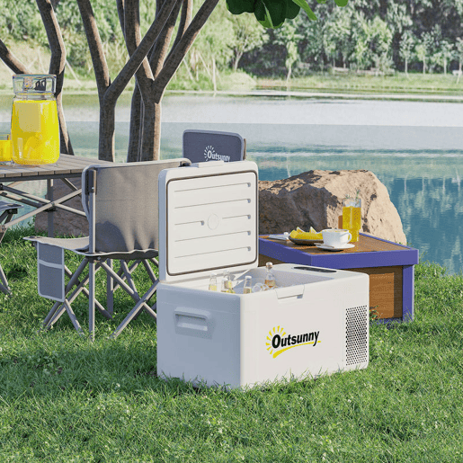 Outsunny Geleira Portátil Elétrica 16,8L Geleira de Carro 12V-220V Mini Geleira com Compressor Luz LED Ecrã Digital Modos ECO e MAX de -20? a +20? para Casa Campismo Viagens Automóvel 59x32x26 cm Creme