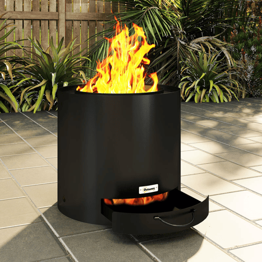 Outsunny Braseiro Exterior Redondo Ø45x42 cm de Aço Braseiro de Jardim com Bandeja para Cinzas e Atizador Protetor de Faíscas para Parque de Campismo Pátio Preto