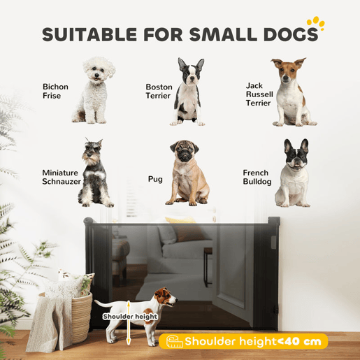 PawHut Barreira para Cães Retrátil 0-144 cm Barreira para Cães Pequenos Extensível Barreira de Segurança para Animais de Estimação com Fecho para Escadas Portas Corredores Preto