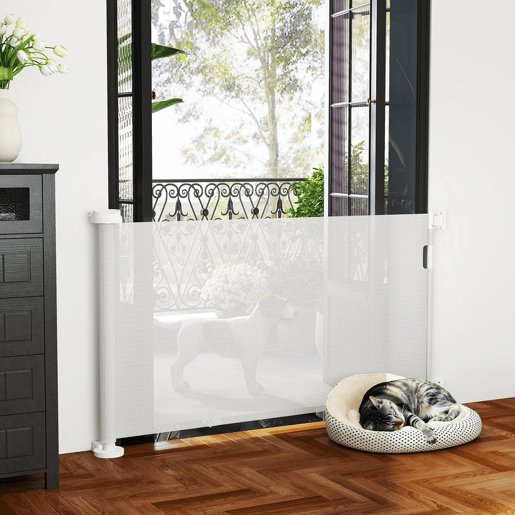 PawHut Barreira de Segurança para Cães Retrátil 0-136 cm Barreira para Cães Pequenos Extensível com Botão de Fecho Porta de Segurança para Corredores Escadas Interiores e Exteriores Branco