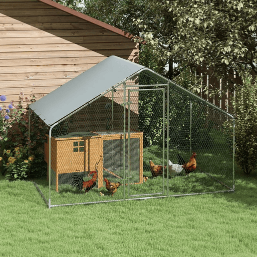 PawHut Galinheiro Exterior Grande 3x1,7x1,9 m em Aço Galvanizado com Porta de Duplo Fecho, Cobertura em Tecido Oxford Anti-UV e Impermeável, Design Acessível para 5-8 Galinhas ou Coelhos Prateado