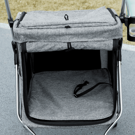 PawHut Carrinho Dobrável para Cães, Carrinho para Cães Pequenos e Séniores até 10 kg, Rodas com Travões 360º, Estrutura de Alumínio, Trela de Segurança, Almofada Lavável e Janelas, Cinzento