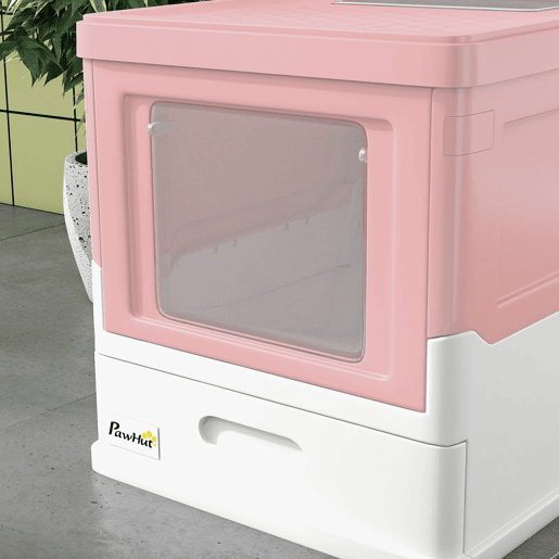 PawHut Caixa de Areia para Gatos Dobrável Caixa de Areia para Gatos Fechada com Cobertura Desmontável Bandeja Removível Teto Rebatível Porta de Entrada e Pá 47,5x35,5x36,7cm Rosa