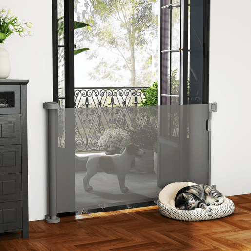 PawHut Barreira de Segurança para Cães Retrátil 0-136 cm Barreira para Cães Pequenos Extensível com Botão de Fecho Porta de Segurança para Corredores Escadas Interiores e Exteriores Cinzento