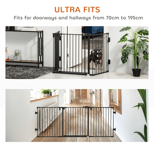PawHut Barreira de Segurança para Cães Barreira para Cães Dobrável Barreira de Proteção para Lareira 202,5 cm com Porta para Escada Corredor Preto